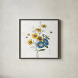 White Barn Flowers VIII Sq by Sue Schlabach. Shown in a sleek black glass frame for a contemporary gallery look. Available as an archival giclee rolled canvas, fine art paper, or poster print. SKU 56518a.