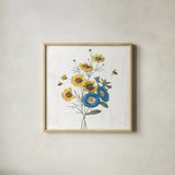 White Barn Flowers VIII Sq by Sue Schlabach. Shown in a natural wood glass frame for a timeless modern aesthetic. Available as an archival giclee rolled canvas, fine art paper, or poster print. SKU 56518a.