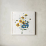 White Barn Flowers VIII Sq by Sue Schlabach. Shown in a crisp white glass frame for a clean and minimalist style. Available as an archival giclee rolled canvas, fine art paper, or poster print. SKU 56518a.