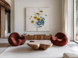 White Barn Flowers VIII Sq by Sue Schlabach. Shown as extra-large giant wall art in a modern living room. Available as an archival giclee rolled canvas, fine art paper, or poster print. SKU 56518a.