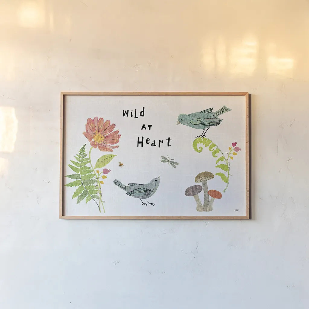 Wild Wings I by Sue Schlabach. shown as a paper print in a natural frame. Available as a archival giclee rolled canvas, fine art paper, or poster print. SKU 34733i.