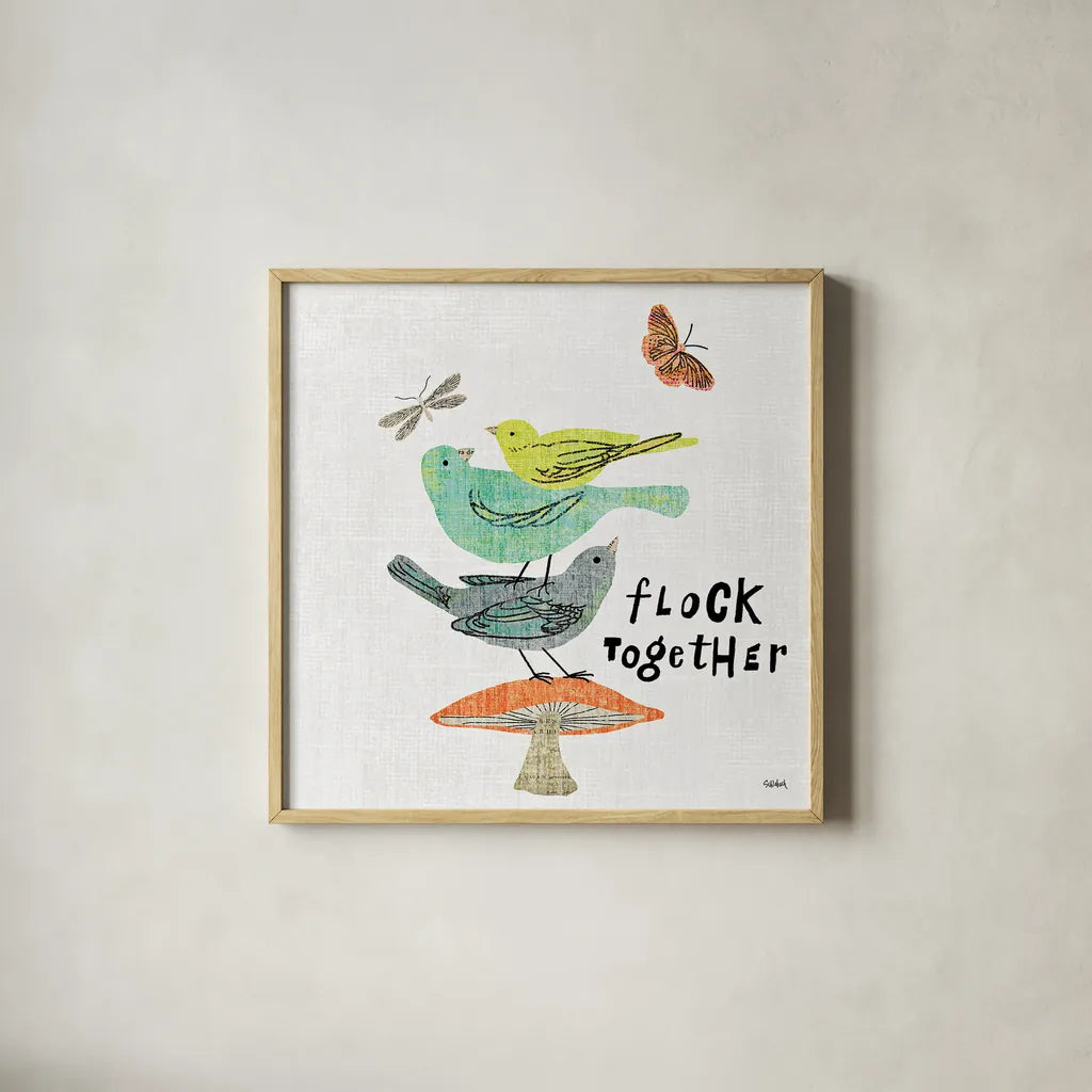 Wild Wings II by Sue Schlabach. Shown in a natural wood glass frame for a timeless modern aesthetic. Available as an archival giclee rolled canvas, fine art paper, or poster print. SKU 34734a.