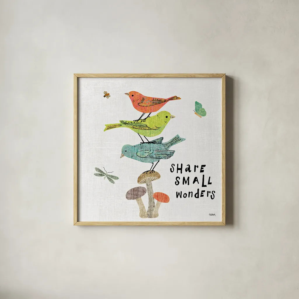 Wild Wings III by Sue Schlabach. Shown in a natural wood glass frame for a timeless modern aesthetic. Available as an archival giclee rolled canvas, fine art paper, or poster print. SKU 34735a.