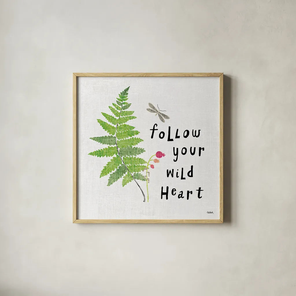 Wild Wings IV by Sue Schlabach. Shown in a natural wood glass frame for a timeless modern aesthetic. Available as an archival giclee rolled canvas, fine art paper, or poster print. SKU 34736a.