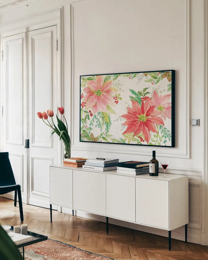 Winter Blooms I by Sue Schlabach. shown as a framed stretched canvas in a living room above a console. Available as a archival giclee rolled canvas, fine art paper, or poster print. SKU 39603i.