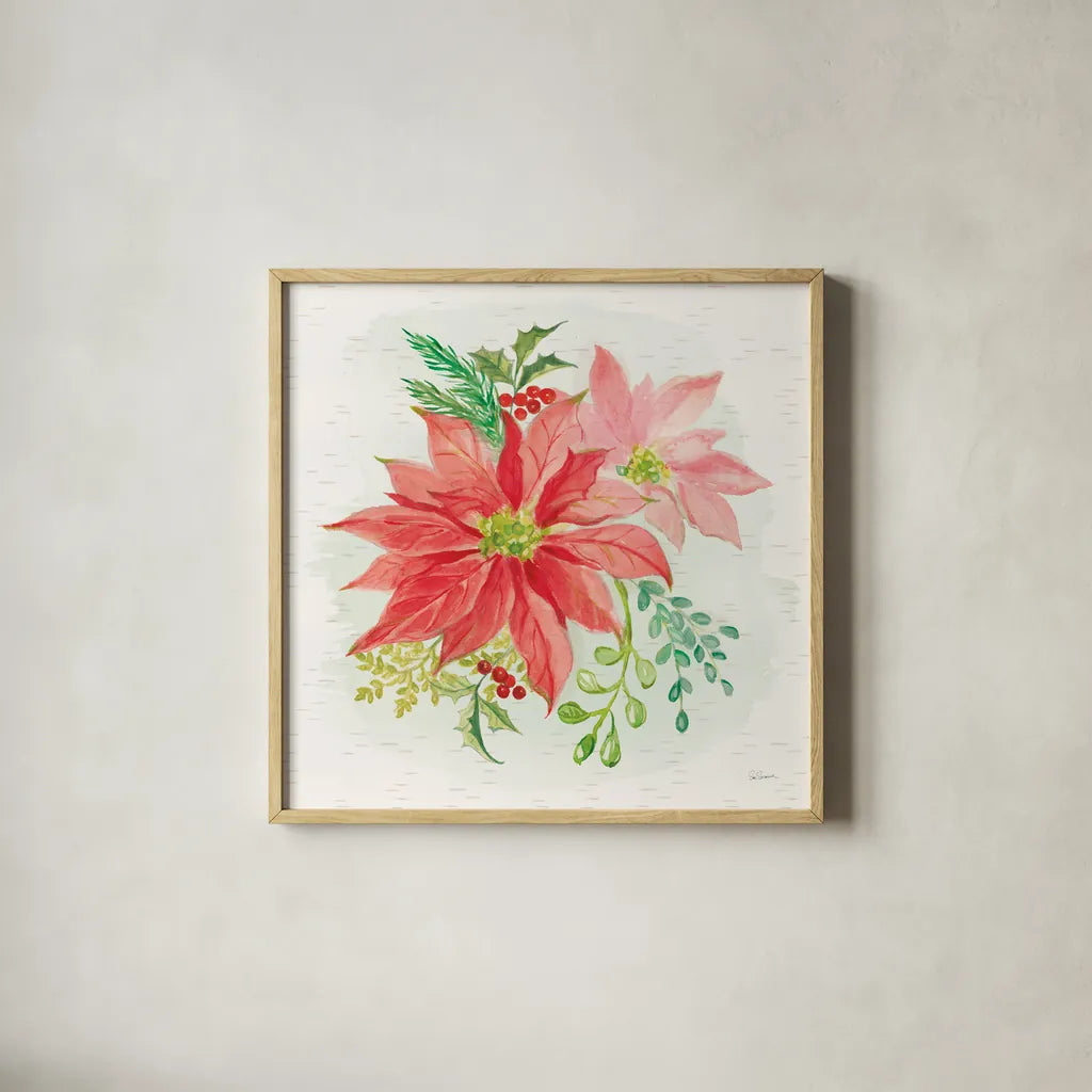 Winter Blooms II by Sue Schlabach. Shown in a natural wood glass frame for a timeless modern aesthetic. Available as an archival giclee rolled canvas, fine art paper, or poster print. SKU 39604a.