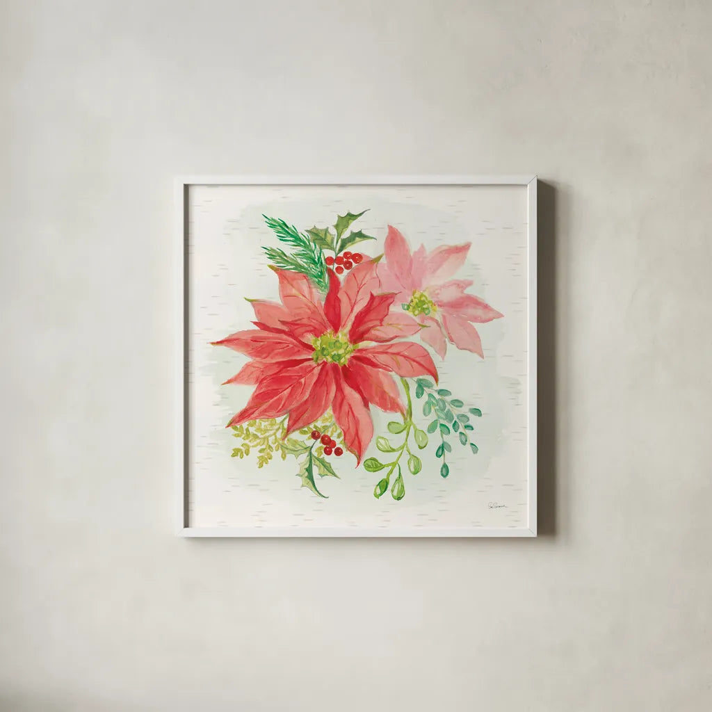 Winter Blooms II by Sue Schlabach. Shown in a crisp white glass frame for a clean and minimalist style. Available as an archival giclee rolled canvas, fine art paper, or poster print. SKU 39604a.