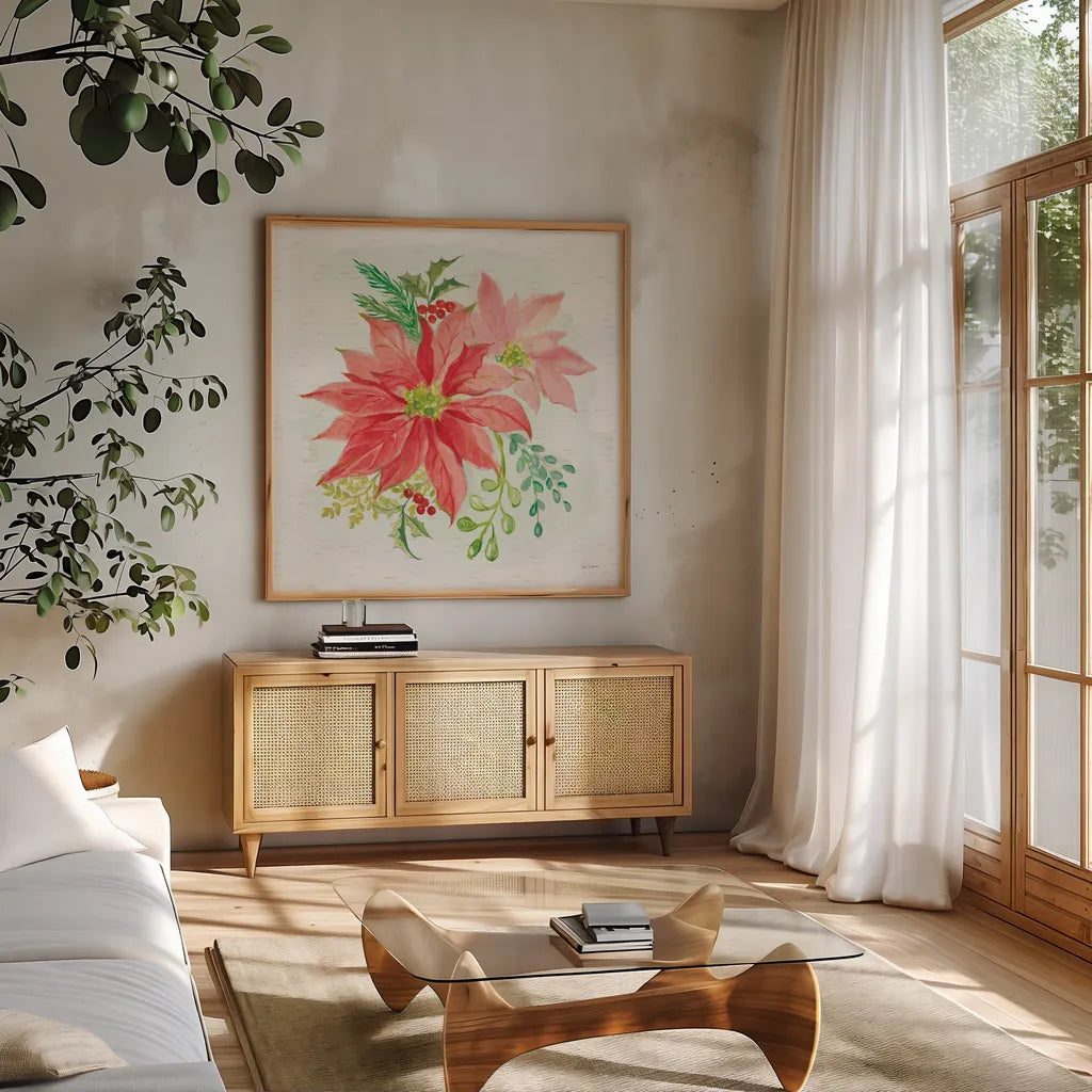 Winter Blooms II by Sue Schlabach. Shown in a natural wood frame in a cozy modern living room. Available as an archival giclee rolled canvas, fine art paper, or poster print. SKU 39604a.