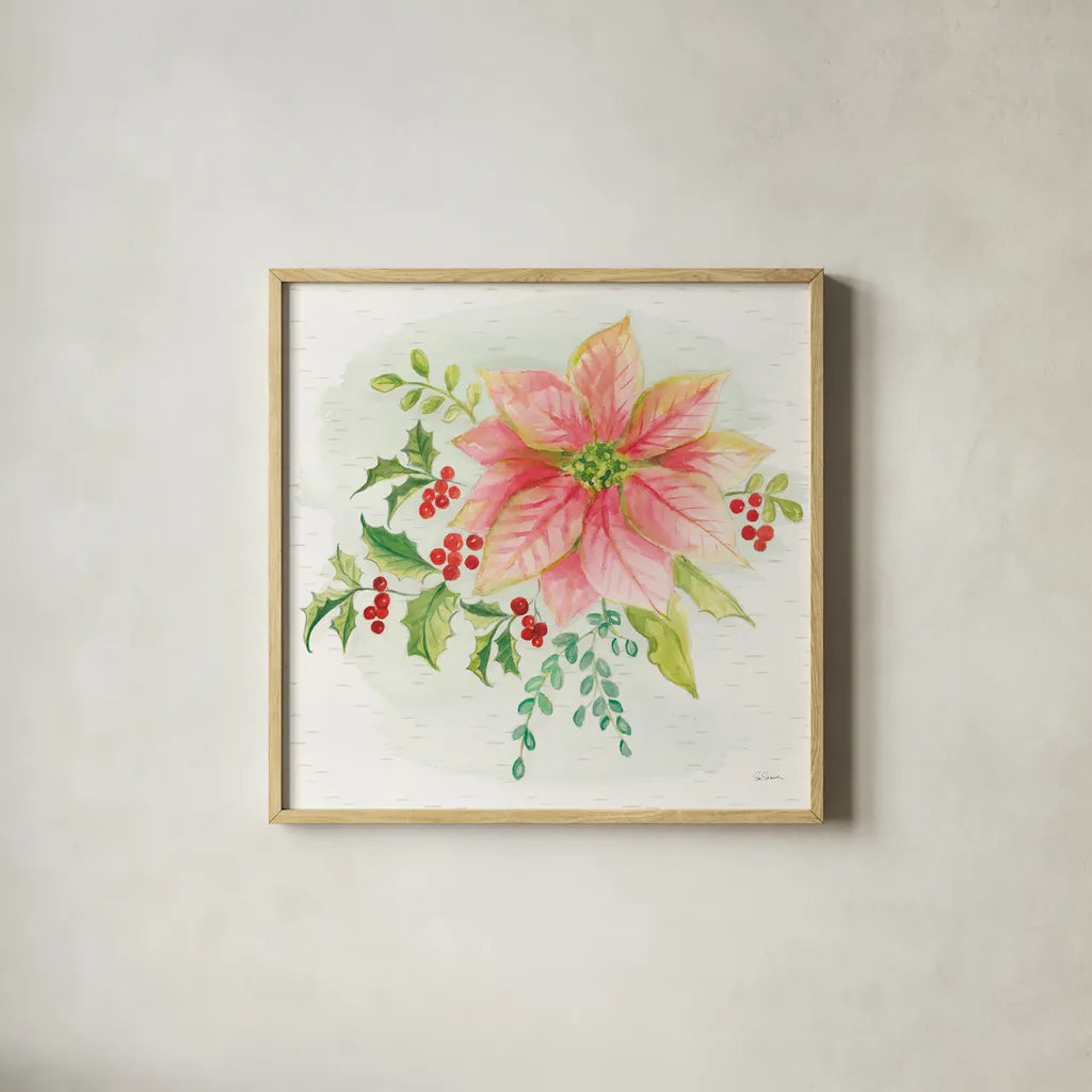 Winter Blooms III by Sue Schlabach. Shown in a natural wood glass frame for a timeless modern aesthetic. Available as an archival giclee rolled canvas, fine art paper, or poster print. SKU 39605a.