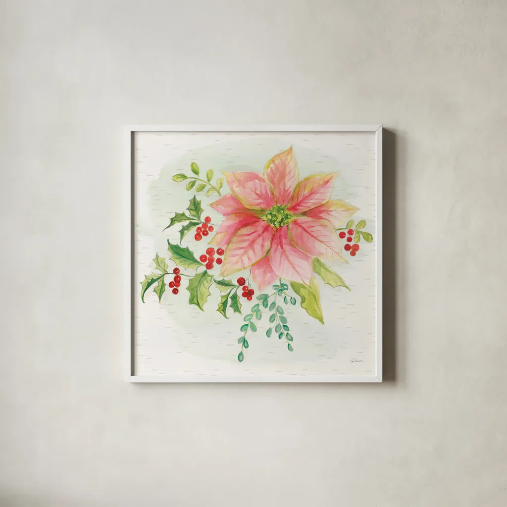 Winter Blooms III by Sue Schlabach. Shown in a crisp white glass frame for a clean and minimalist style. Available as an archival giclee rolled canvas, fine art paper, or poster print. SKU 39605a.