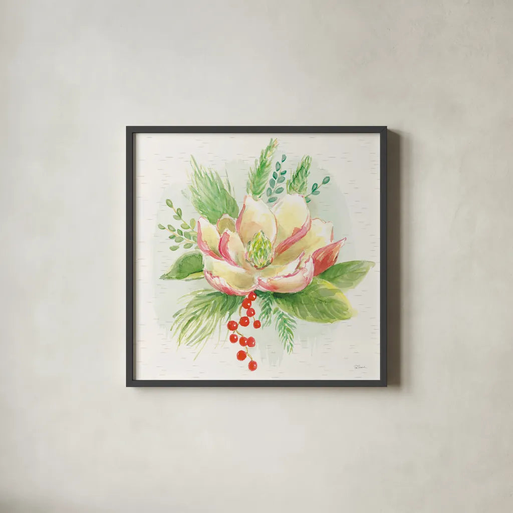 Winter Blooms V by Sue Schlabach. Shown in a sleek black glass frame for a contemporary gallery look. Available as an archival giclee rolled canvas, fine art paper, or poster print. SKU 39607a.