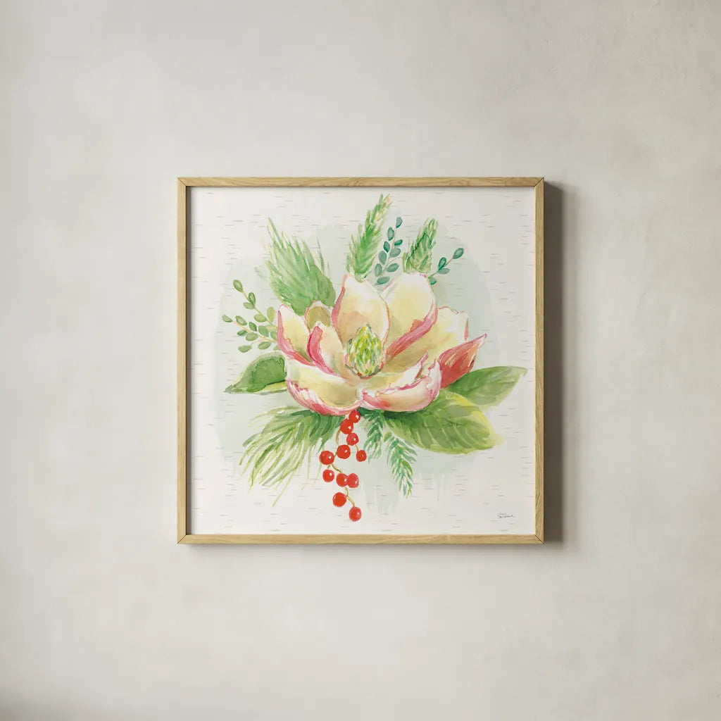 Winter Blooms V by Sue Schlabach. Shown in a natural wood glass frame for a timeless modern aesthetic. Available as an archival giclee rolled canvas, fine art paper, or poster print. SKU 39607a.