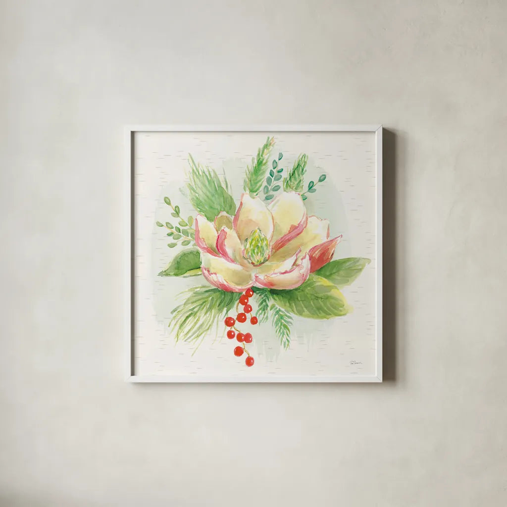 Winter Blooms V by Sue Schlabach. Shown in a crisp white glass frame for a clean and minimalist style. Available as an archival giclee rolled canvas, fine art paper, or poster print. SKU 39607a.