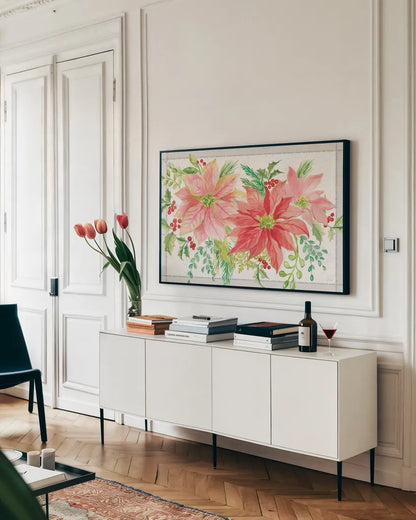 Winter Blooms VI by Sue Schlabach. shown as a framed stretched canvas in a living room above a console. Available as a archival giclee rolled canvas, fine art paper, or poster print. SKU 39608i.