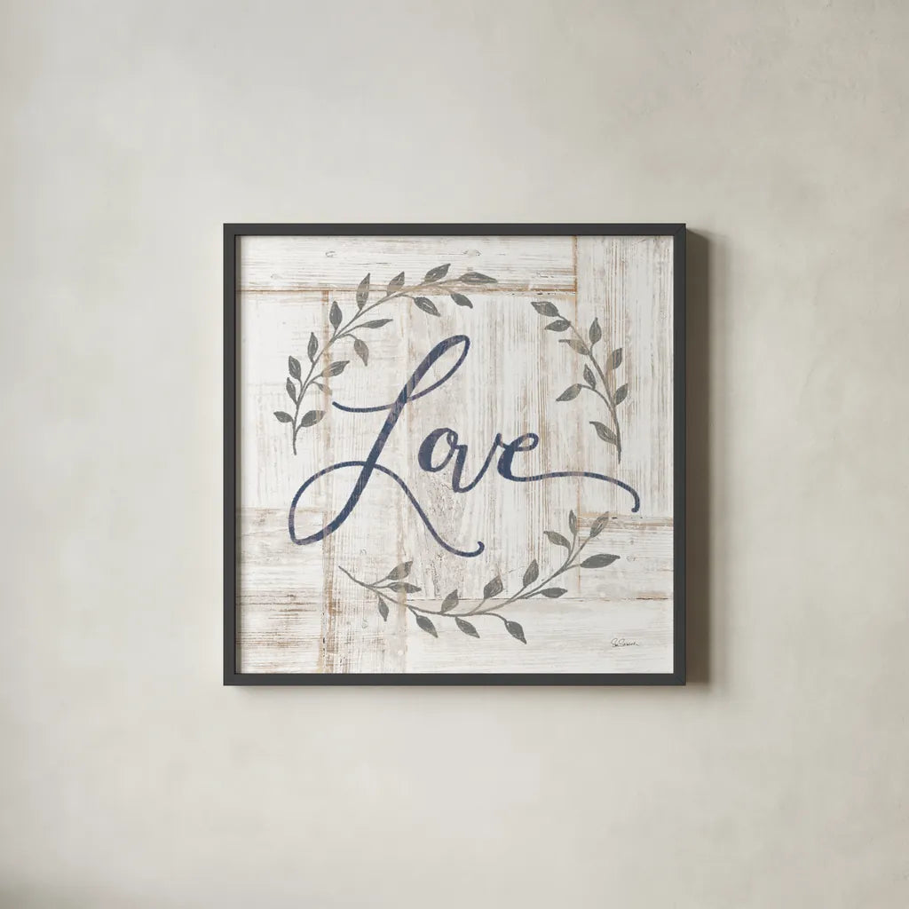 Woodgrain Love by Sue Schlabach. Shown in a sleek black glass frame for a contemporary gallery look. Available as an archival giclee rolled canvas, fine art paper, or poster print. SKU 68396a.