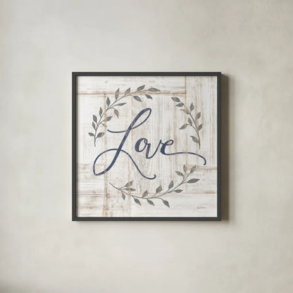 Woodgrain Love by Sue Schlabach. Shown in a sleek black glass frame for a contemporary gallery look. Available as an archival giclee rolled canvas, fine art paper, or poster print. SKU 68396a.