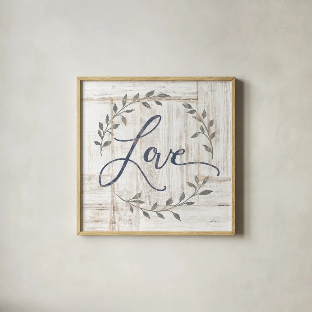 Woodgrain Love by Sue Schlabach. Shown in a natural wood glass frame for a timeless modern aesthetic. Available as an archival giclee rolled canvas, fine art paper, or poster print. SKU 68396a.