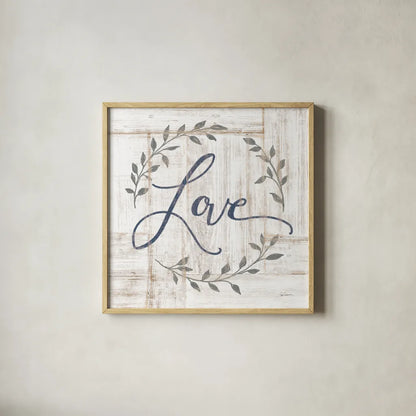Woodgrain Love by Sue Schlabach. Shown in a natural wood glass frame for a timeless modern aesthetic. Available as an archival giclee rolled canvas, fine art paper, or poster print. SKU 68396a.