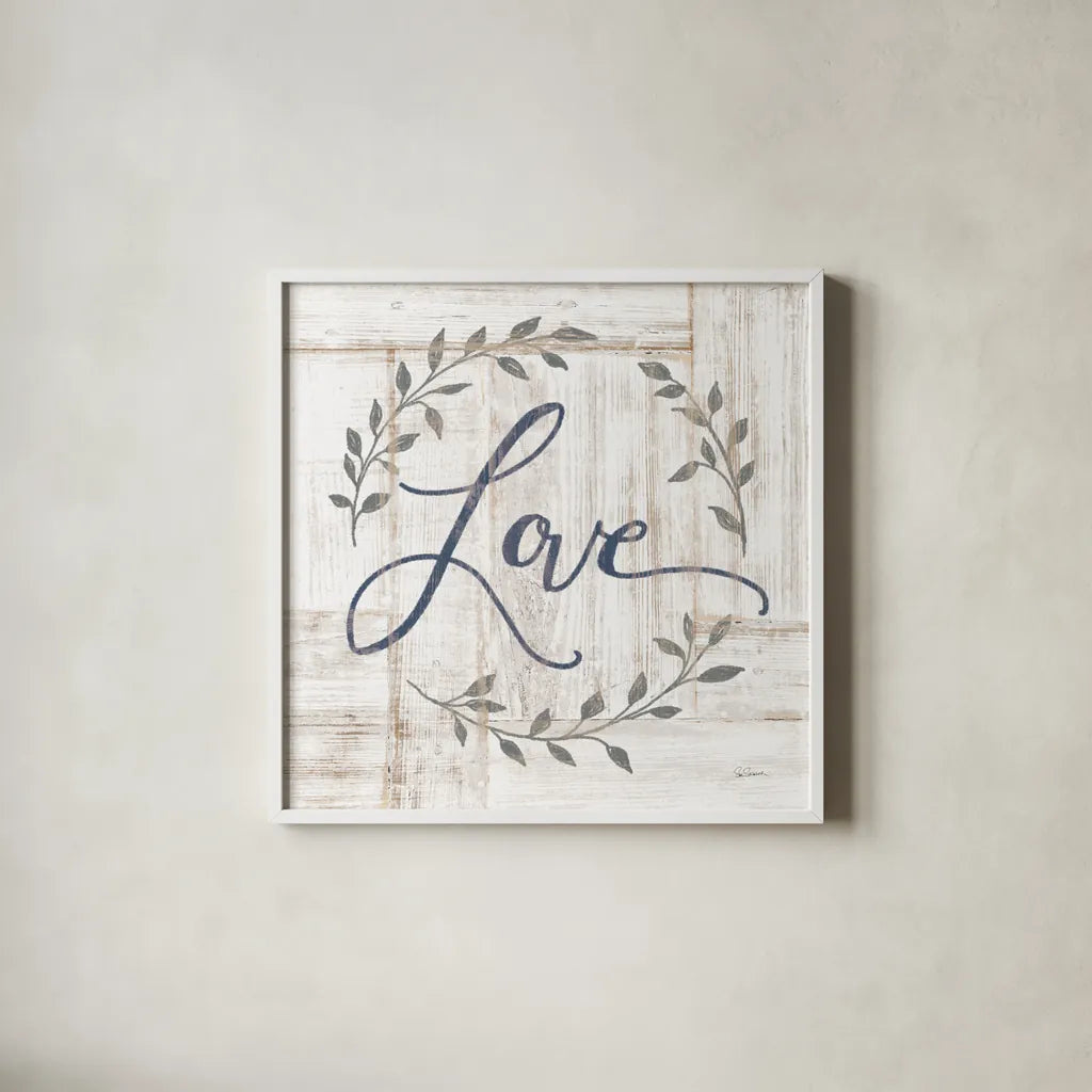 Woodgrain Love by Sue Schlabach. Shown in a crisp white glass frame for a clean and minimalist style. Available as an archival giclee rolled canvas, fine art paper, or poster print. SKU 68396a.