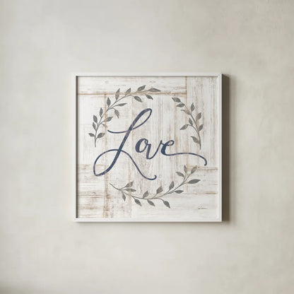 Woodgrain Love by Sue Schlabach. Shown in a crisp white glass frame for a clean and minimalist style. Available as an archival giclee rolled canvas, fine art paper, or poster print. SKU 68396a.