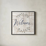 Woodgrain Welcome by Sue Schlabach. Shown in a sleek black glass frame for a contemporary gallery look. Available as an archival giclee rolled canvas, fine art paper, or poster print. SKU 68397a.