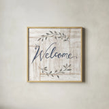Woodgrain Welcome by Sue Schlabach. Shown in a natural wood glass frame for a timeless modern aesthetic. Available as an archival giclee rolled canvas, fine art paper, or poster print. SKU 68397a.