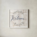 Woodgrain Welcome by Sue Schlabach. Shown in a crisp white glass frame for a clean and minimalist style. Available as an archival giclee rolled canvas, fine art paper, or poster print. SKU 68397a.