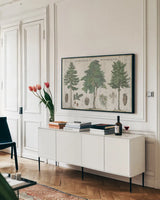 Woodland Chart I by Sue Schlabach. shown as a framed stretched canvas in a living room above a console. Available as a archival giclee rolled canvas, fine art paper, or poster print. SKU 22246i.