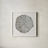 Woodland Years I with Silver v2 by Sue Schlabach. Shown in a crisp white glass frame for a clean and minimalist style. Available as an archival giclee rolled canvas, fine art paper, or poster print. SKU 26781a.