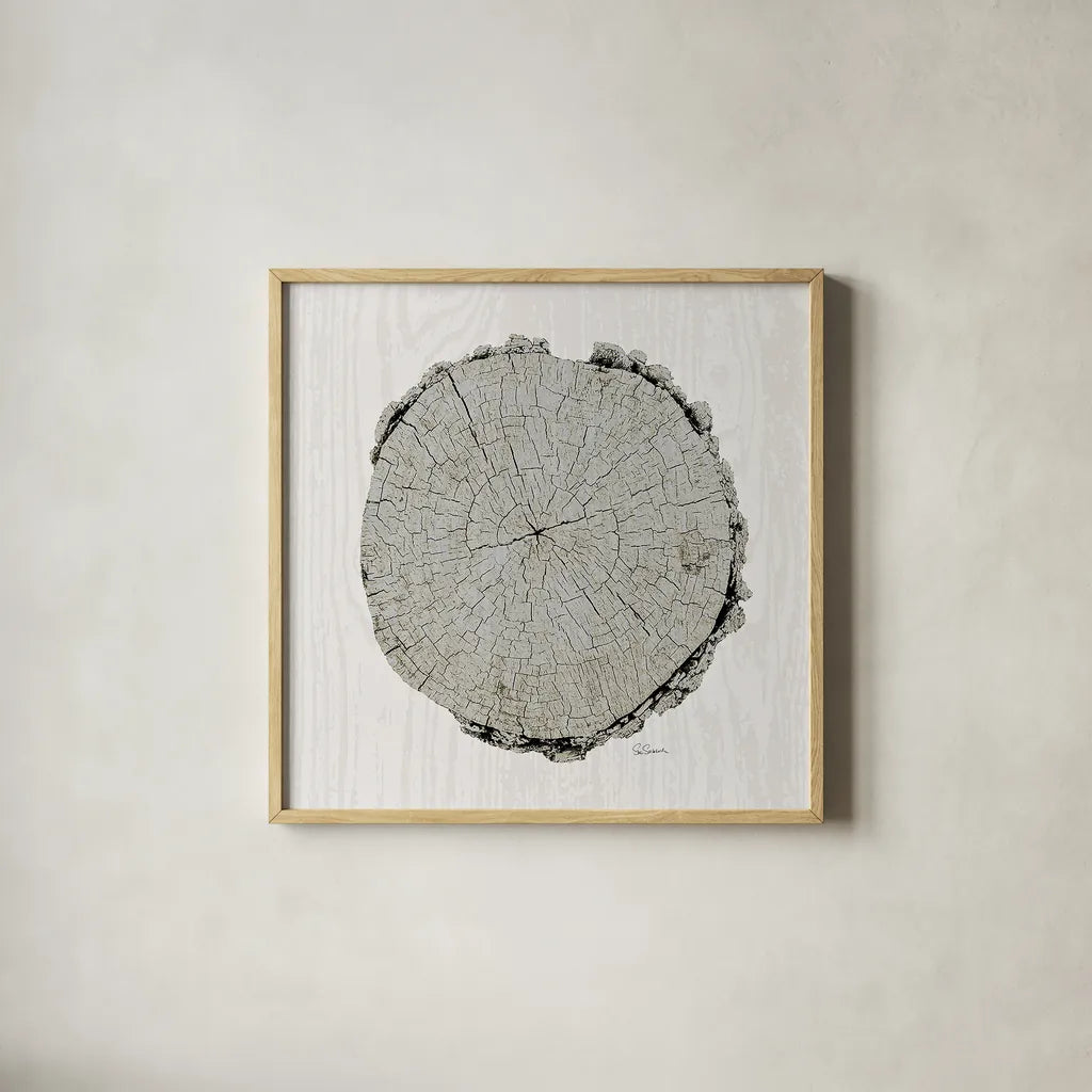 Woodland Years II with Silver v2 by Sue Schlabach. Shown in a natural wood glass frame for a timeless modern aesthetic. Available as an archival giclee rolled canvas, fine art paper, or poster print. SKU 26782a.