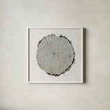 Woodland Years II with Silver v2 by Sue Schlabach. Shown in a crisp white glass frame for a clean and minimalist style. Available as an archival giclee rolled canvas, fine art paper, or poster print. SKU 26782a.