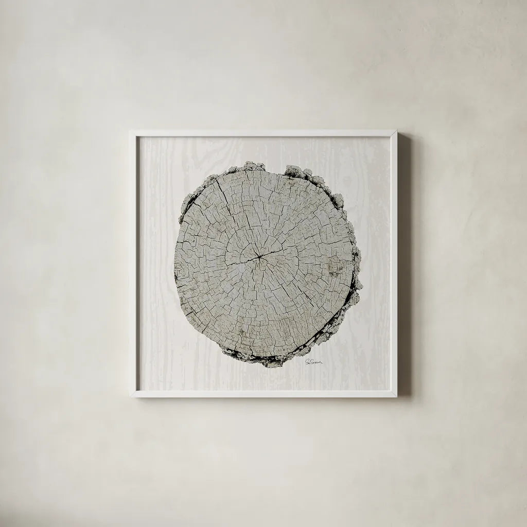 Woodland Years II with Silver v2 by Sue Schlabach. Shown in a crisp white glass frame for a clean and minimalist style. Available as an archival giclee rolled canvas, fine art paper, or poster print. SKU 26782a.