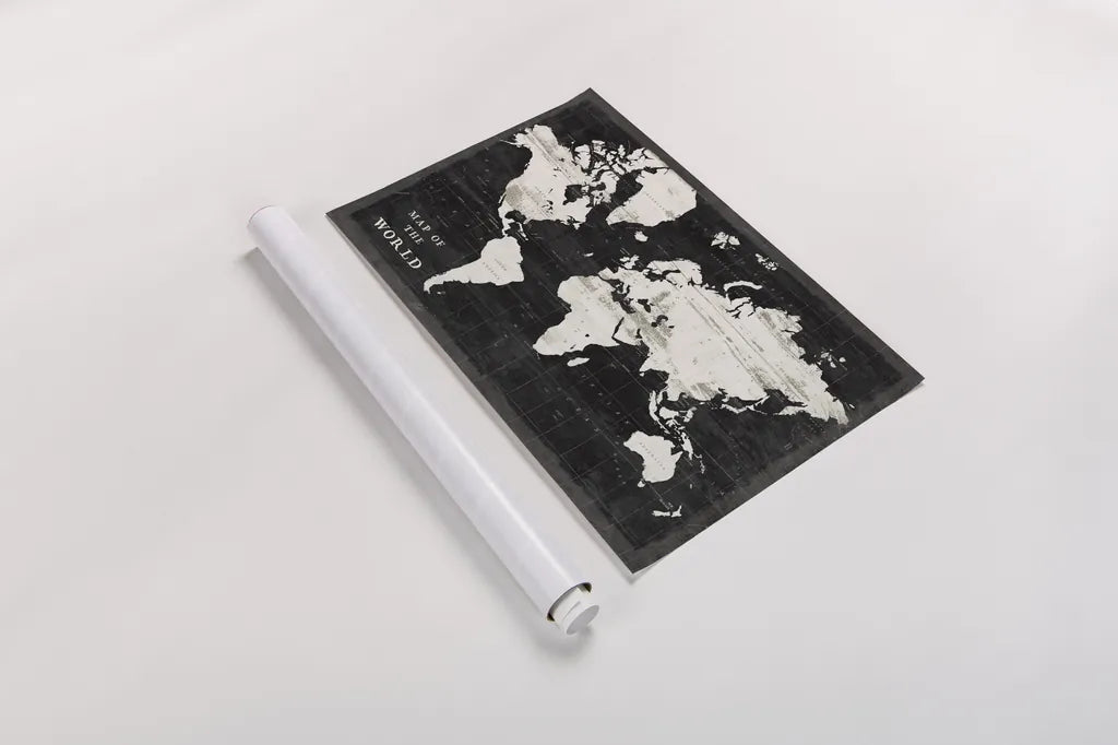 World Map Black by Sue Schlabach. shown as a rolled paper print. Available as archival giclee rolled canvas, fine art paper, or poster print. SKU 60389i.
