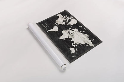 World Map Black by Sue Schlabach. shown as a rolled paper print. Available as archival giclee rolled canvas, fine art paper, or poster print. SKU 60389i.