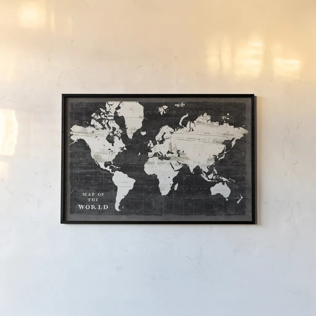 World Map Black by Sue Schlabach. shown as a paper print in a black flame. Available as a archival giclee rolled canvas, fine art paper, or poster print. SKU 60389i.