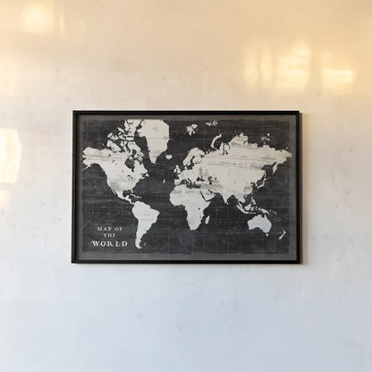 World Map Black by Sue Schlabach. shown as a paper print in a black flame. Available as a archival giclee rolled canvas, fine art paper, or poster print. SKU 60389i.