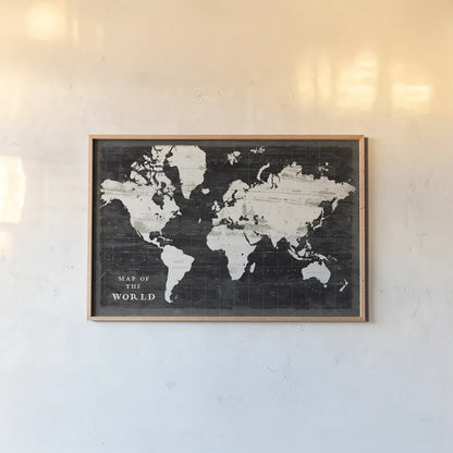World Map Black by Sue Schlabach. shown as a paper print in a natural frame. Available as a archival giclee rolled canvas, fine art paper, or poster print. SKU 60389i.