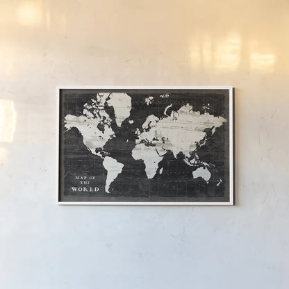 World Map Black by Sue Schlabach. shown as a paper print in a white frame. Available as a archival giclee rolled canvas, fine art paper, or poster print. SKU 60389i.