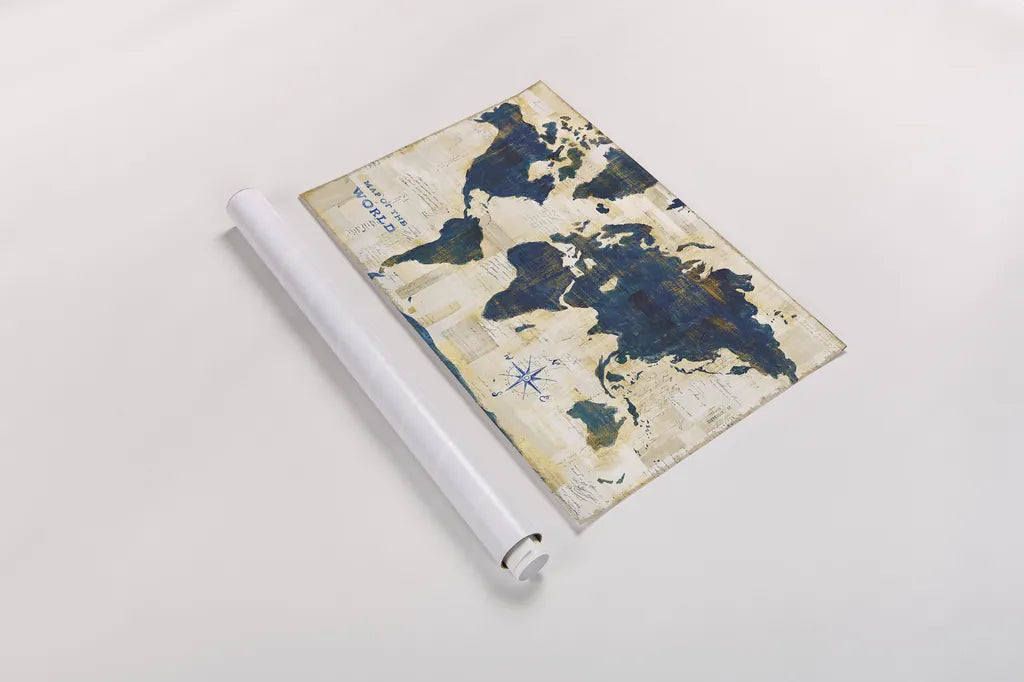 World Map Collage by Sue Schlabach. shown as a rolled paper print. Available as archival giclee rolled canvas, fine art paper, or poster print. SKU 25667i.