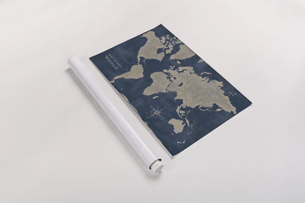 World Map Collage Deep by Sue Schlabach. shown as a rolled paper print. Available as archival giclee rolled canvas, fine art paper, or poster print. SKU 75338i.