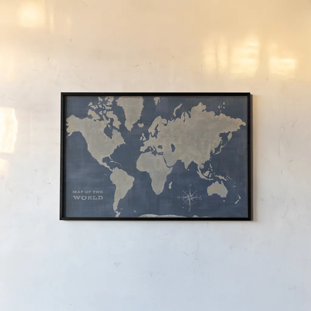 World Map Collage Deep by Sue Schlabach. shown as a paper print in a black flame. Available as a archival giclee rolled canvas, fine art paper, or poster print. SKU 75338i.