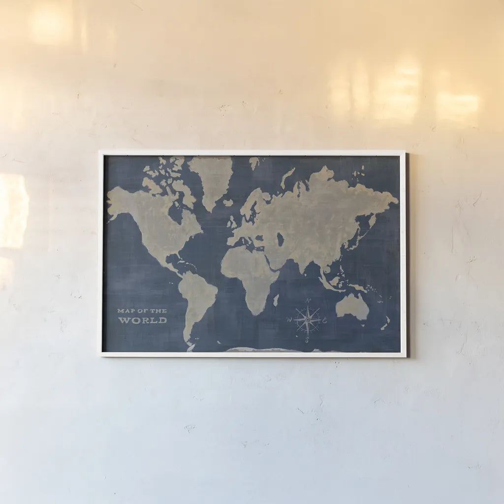 World Map Collage Deep by Sue Schlabach. shown as a paper print in a white frame. Available as a archival giclee rolled canvas, fine art paper, or poster print. SKU 75338i.