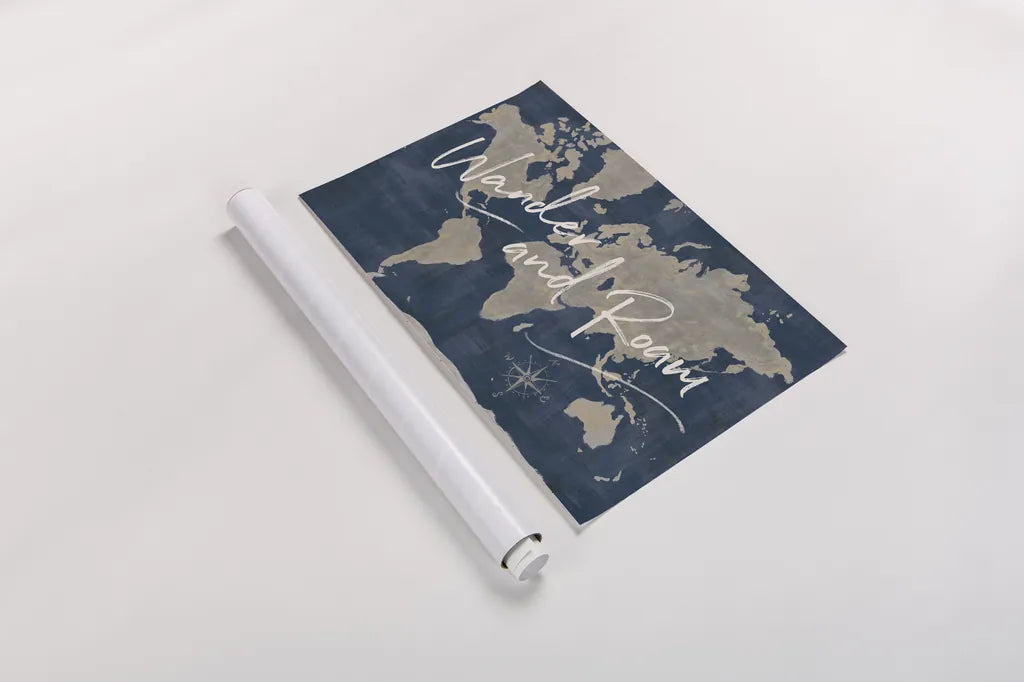 World Map Collage Deep Wander by Sue Schlabach. shown as a rolled paper print. Available as archival giclee rolled canvas, fine art paper, or poster print. SKU 75339i.