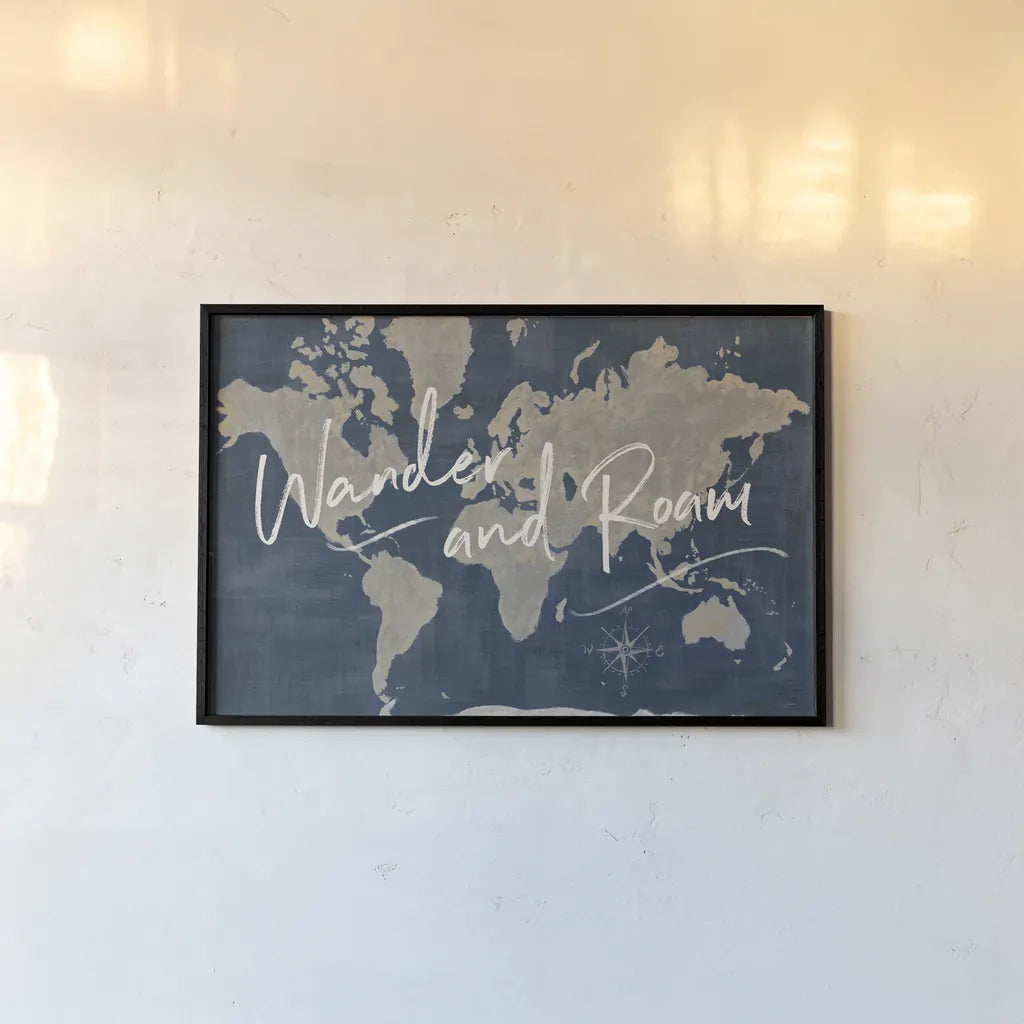 World Map Collage Deep Wander by Sue Schlabach. shown as a paper print in a black flame. Available as a archival giclee rolled canvas, fine art paper, or poster print. SKU 75339i.