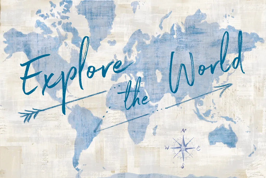 World Map Collage Explore by Sue Schlabach. SKU 75340i. Archival Giclee Fine art print for wall decor.