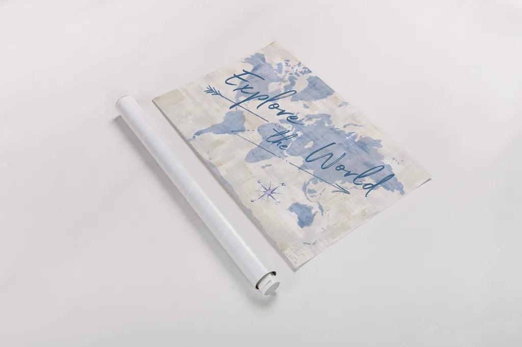 World Map Collage Explore by Sue Schlabach. shown as a rolled paper print. Available as archival giclee rolled canvas, fine art paper, or poster print. SKU 75340i.