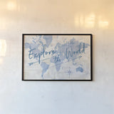 World Map Collage Explore by Sue Schlabach. shown as a paper print in a black flame. Available as a archival giclee rolled canvas, fine art paper, or poster print. SKU 75340i.