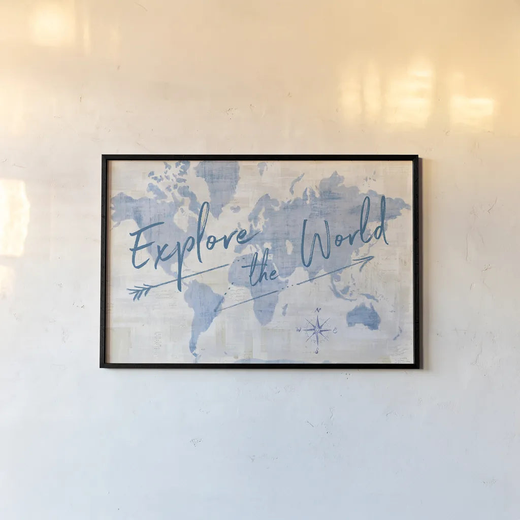 World Map Collage Explore by Sue Schlabach. shown as a paper print in a black flame. Available as a archival giclee rolled canvas, fine art paper, or poster print. SKU 75340i.