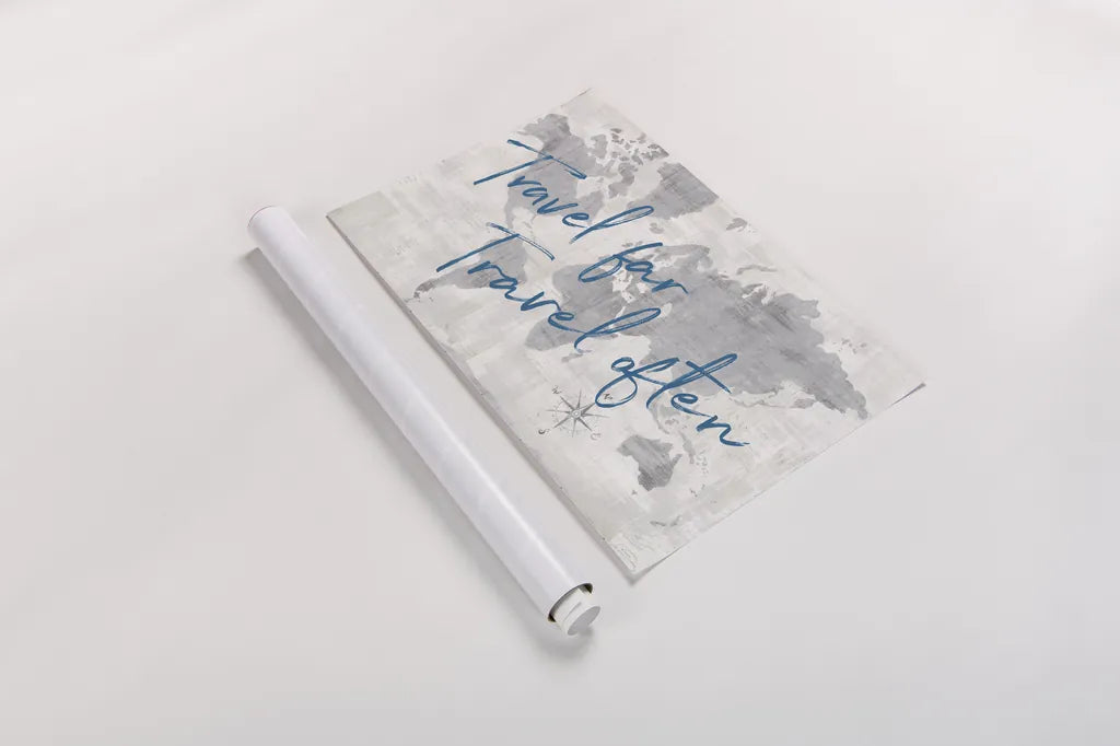 World Map Collage Travel by Sue Schlabach. shown as a rolled paper print. Available as archival giclee rolled canvas, fine art paper, or poster print. SKU 75341i.