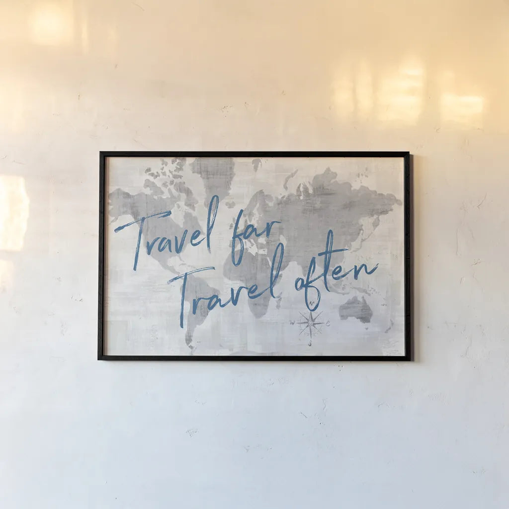 World Map Collage Travel by Sue Schlabach. shown as a paper print in a black flame. Available as a archival giclee rolled canvas, fine art paper, or poster print. SKU 75341i.